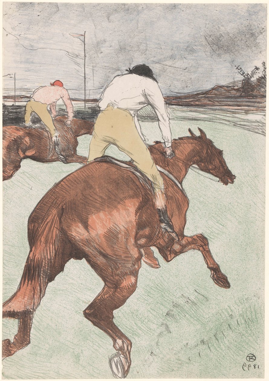 „Dżokej” Dwóch dżokejów na koniach Le dżokej (tytuł oryginalny) Wyścigi konne (tytuł serii) Kursy (tytuł serii) autorstwa Henri de Toulouse Lautrec
