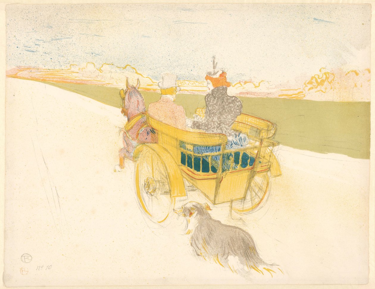 „Partie de Campaign” (wycieczka krajowa) Mężczyzna i kobieta w otwartym powozie jadą przez krajobraz z psem Partie de Campaign (tytuł na przedmiocie) autorstwa Henri de Toulouse Lautrec