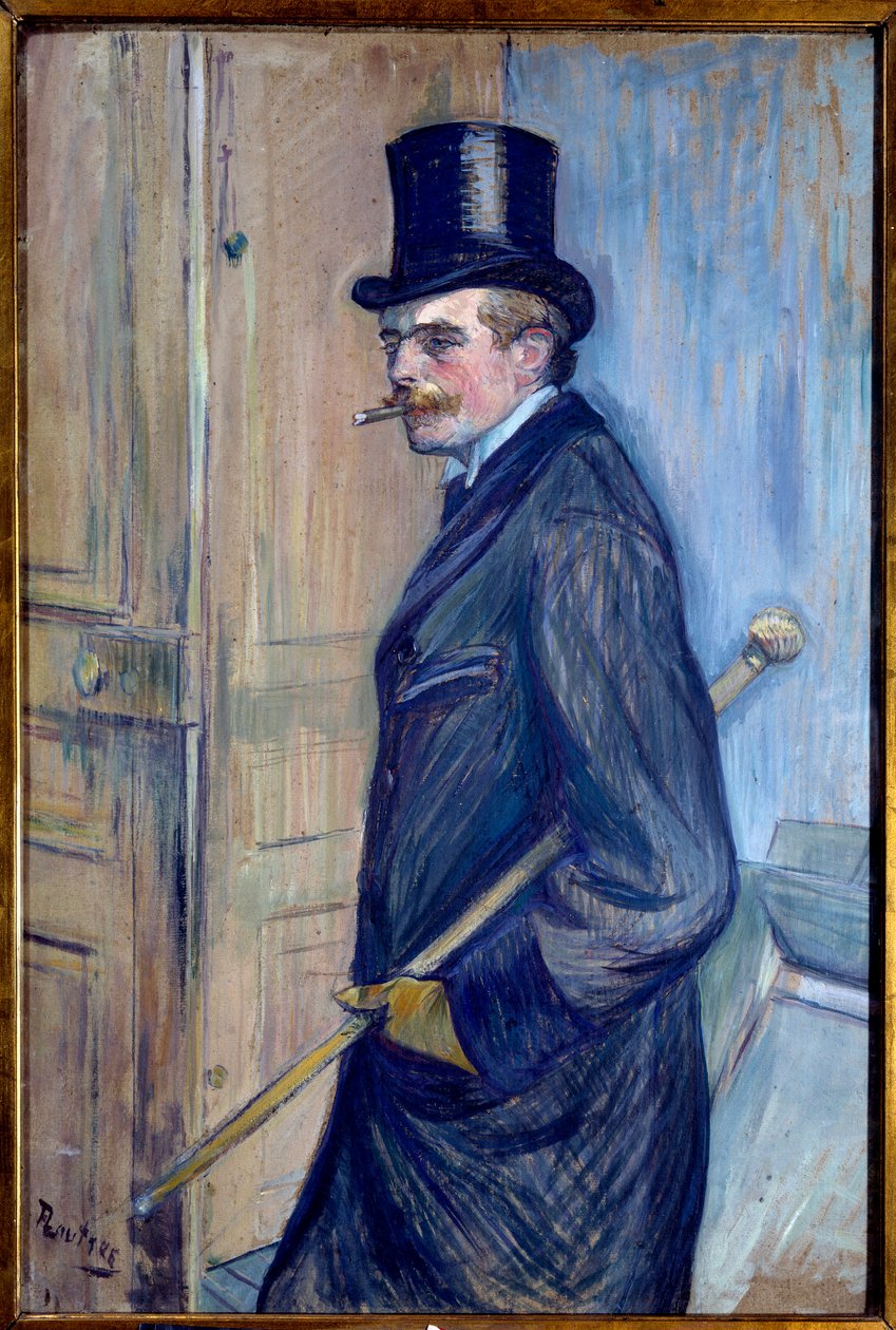 Portret Louisa Pascala (1864-1901) Kuzyn artysty przedstawiony jest w cylindrze z laską i pali. Obraz Henri de Toulouse Lautreca (1864-1901) 1891 Nd. 0,81x0,54 m Albi. Musee Toulouse Lautrec - Portret Louisa Pascala (1864-1901), arti autorstwa Henri de Toulouse Lautrec