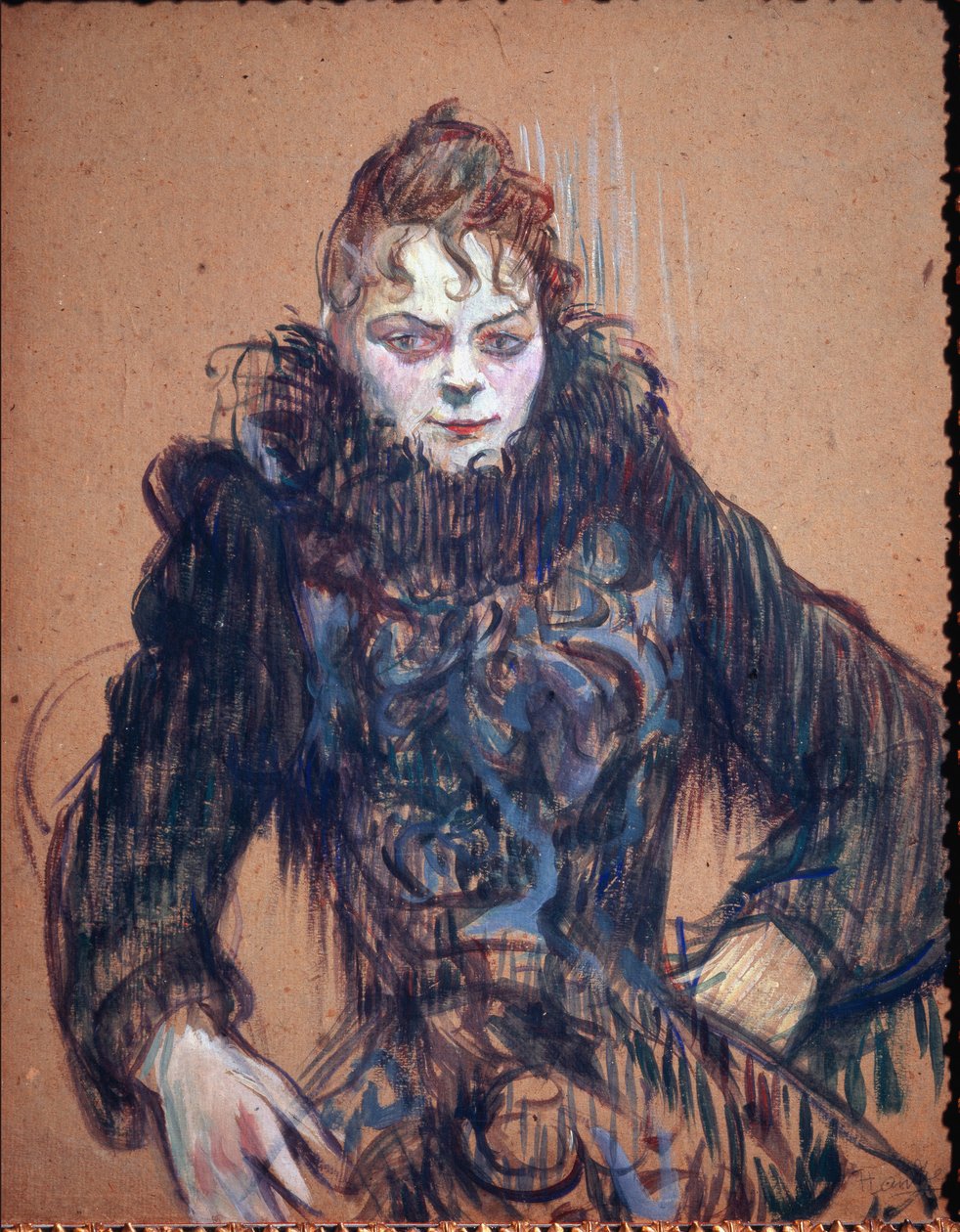Portret kobiety w czarnym boa - olej na tekturze autorstwa Henri de Toulouse Lautrec