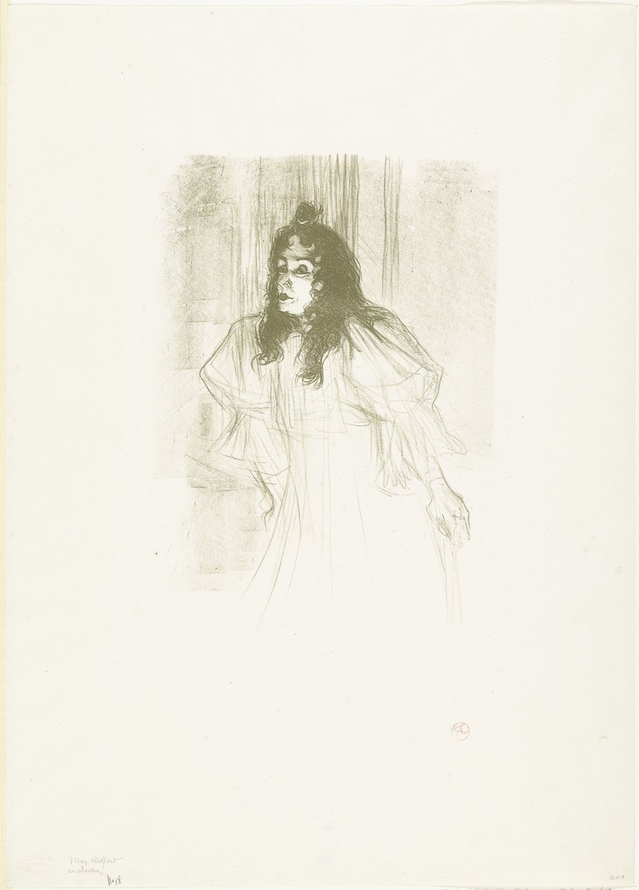 Portret piosenkarki May Belfort z luźnymi, zwisającymi włosami autorstwa Henri de Toulouse Lautrec