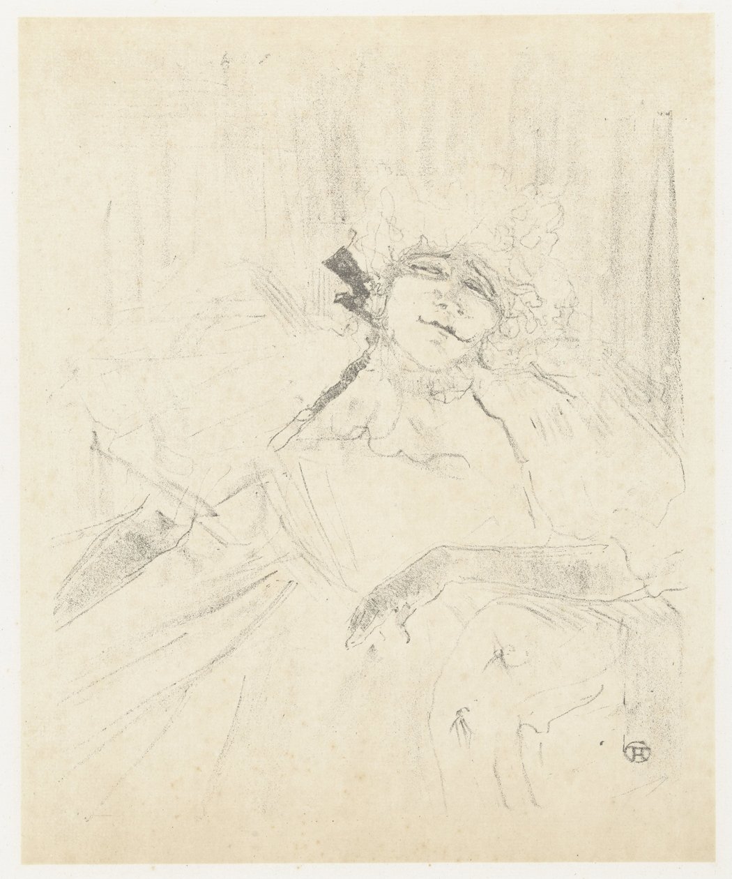 Portret van Yvette Guilbert w fotelu op toneel Yvette Guilbert (stara piosenka) Yvette Guilbert: seria angielska (tytuł serii) autorstwa Henri de Toulouse Lautrec