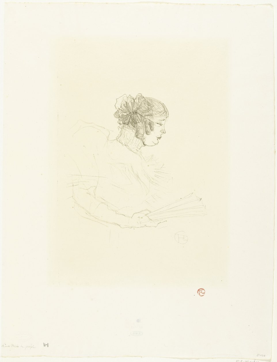 Portret aktorki Luce Myres z fan Luce Myres w profilu autorstwa Henri de Toulouse Lautrec
