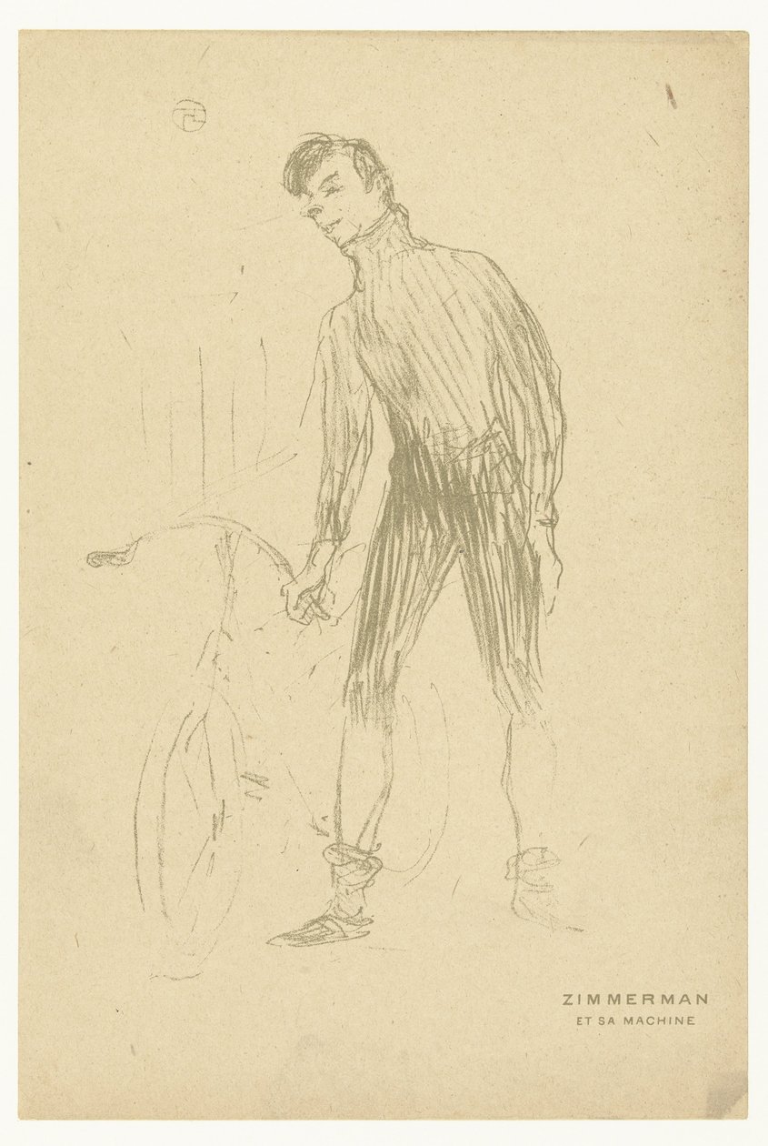 Portret rowerzysty Alberta Zimmermana i jego roweru Zimmerman et sa machine (tytuł na obiekcie) autorstwa Henri de Toulouse Lautrec