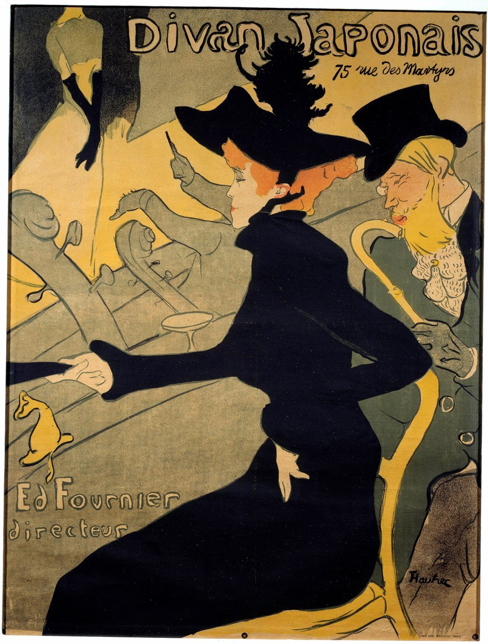 Plakat do paryskiego kabaretu „Japońska kanapa” przedstawiający tancerkę Jane Avril (1868-1943) i tancerkę. pisarz Edouard Dujardin (1861-1949) ogląda śpiewaczkę Yvette Guilbert (1867-1944) występującą na scenie - Litografia Henri de Toulouse-Lautra autorstwa Henri de Toulouse Lautrec