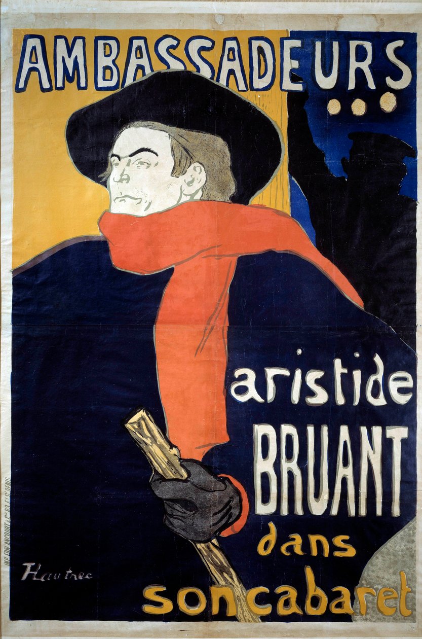 Plakat do spektaklu autorstwa Aristide Bruant (1851-1925), francuskiego autora piosenek. „”Ambasadorzy – Aristide Sparrow w swoim kabarecie”. Litografia Henri de Toulouse-Lautreca (1864-1901). 1892. Wymiary 1,41 x 0,98 m Bruksela, musee d