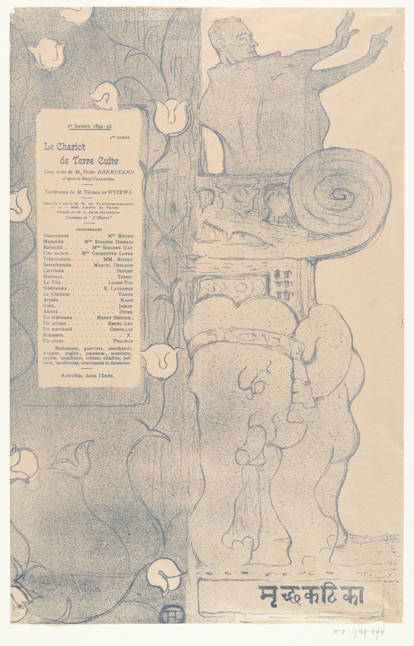 Program do spektaklu Le chariot de terre cuite z aktorem Felixem Fénéonem stojącym na balkonie nad słoniem indyjskim Program pour Le chariot de terre cuite autorstwa Henri de Toulouse Lautrec