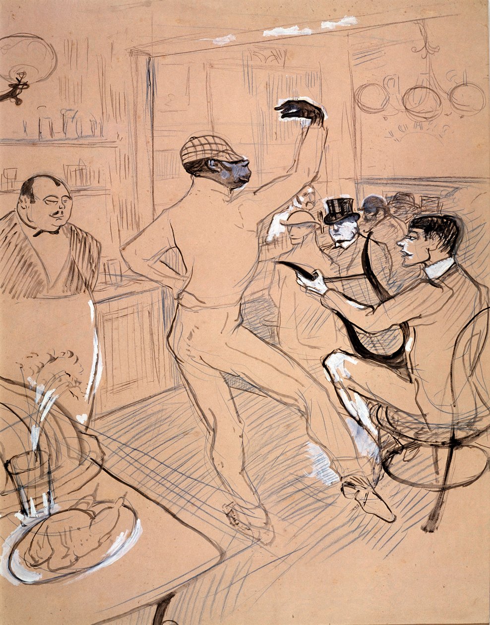 Rafael Padilla zwany Czekolada, tańczący w barze (indyjski tusz i gwasz na papierze) autorstwa Henri de Toulouse Lautrec