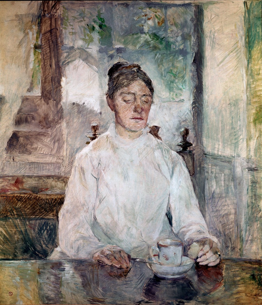 Matka artysty, hrabina Adele de Toulouse Lautrec, jedząca śniadanie w Chateau de Malrome. Obraz Henri de Toulouse-Lautrec (Toulouse Lautrec autorstwa Henri de Toulouse Lautrec