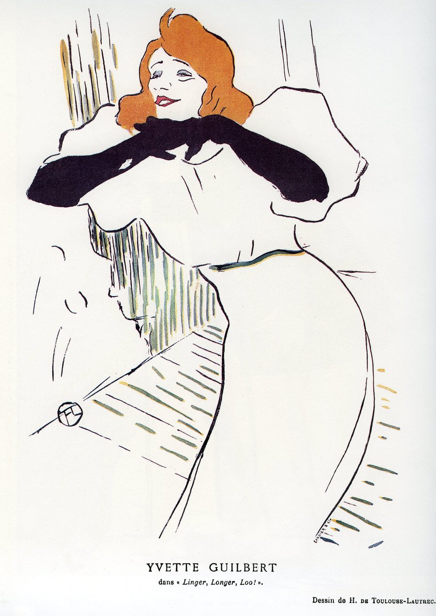 Piosenkarka Yvette Guilbert (1867-1944) w „”Linger, Longer, Loo””: rysunek Henri de Toulouse Lautrec (Toulouse-Lautrec autorstwa Henri de Toulouse Lautrec