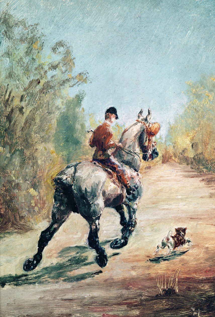 Jeździec kłusujący z małym psem, 1879 autorstwa Henri de Toulouse Lautrec