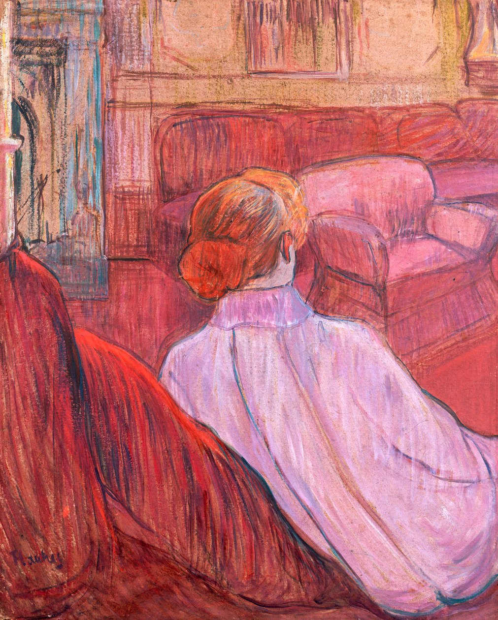 Kobieta siedząca na czerwonej kanapie autorstwa Henri de Toulouse Lautrec
