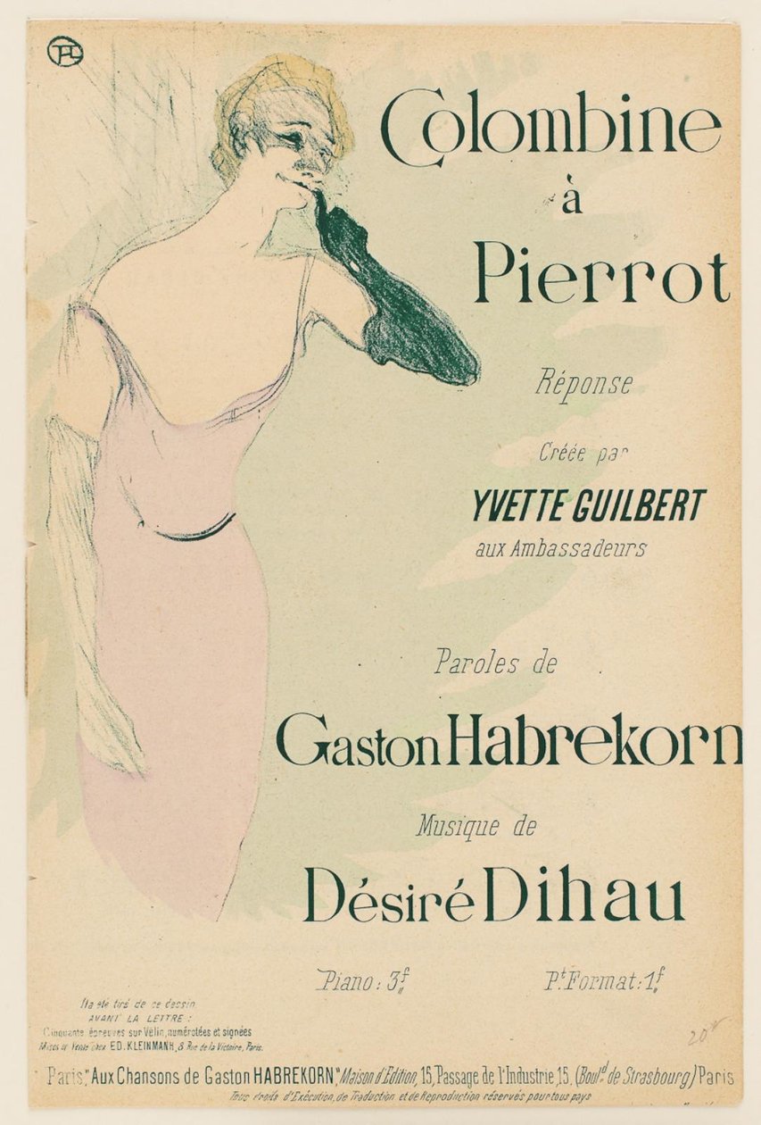 Yvette Guilbert, w Colombine w Pierrot autorstwa Henri de Toulouse Lautrec