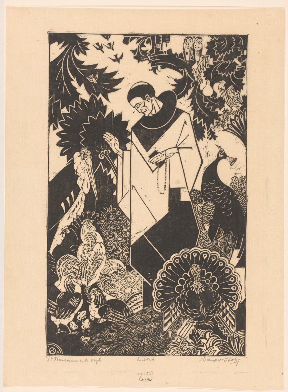 Św. Franciszek i ptaki (oryginalny tytuł na obiekcie) autorstwa Henri van der Stok (signed by artist)
