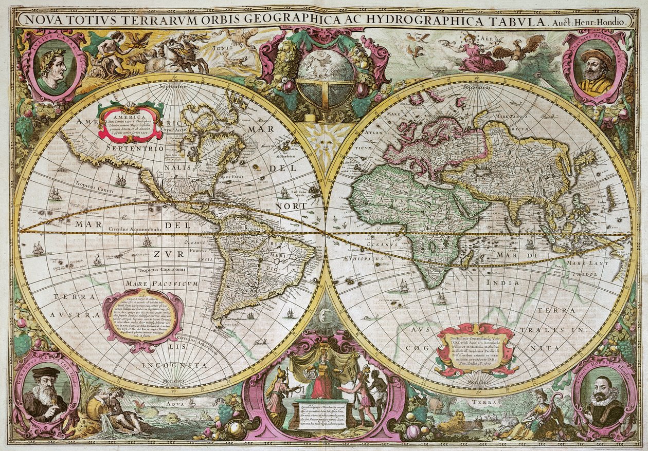 Nowa mapa lądowa i wodna całej Ziemi, 1630 r. autorstwa Henricus Hondius II