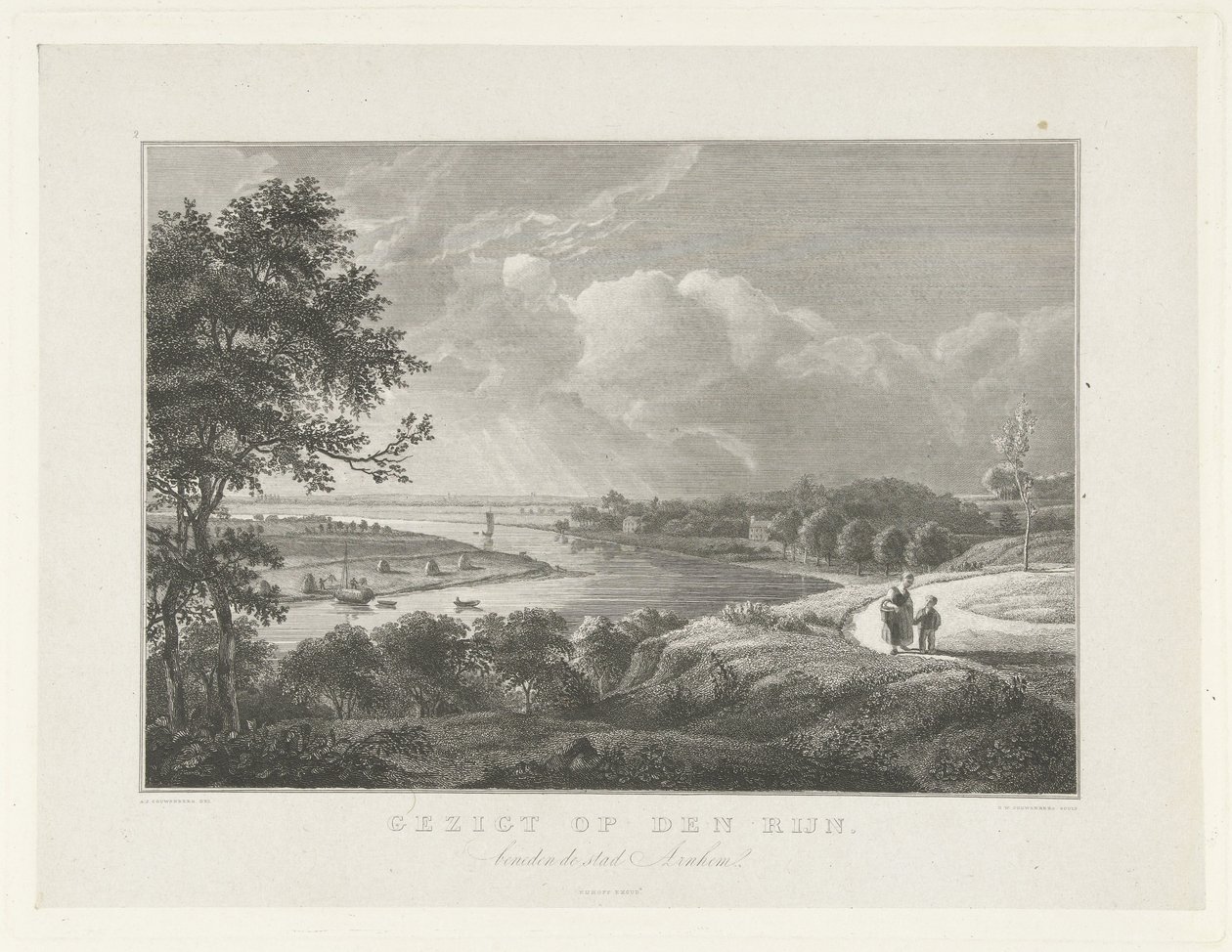 Widok na Ren poniżej Arnhem Widok na Ren (tytuł na obiekcie) Sceny z okolic miasta Arnhem (tytuł serii) autorstwa Henricus Wilhelmus Couwenberg