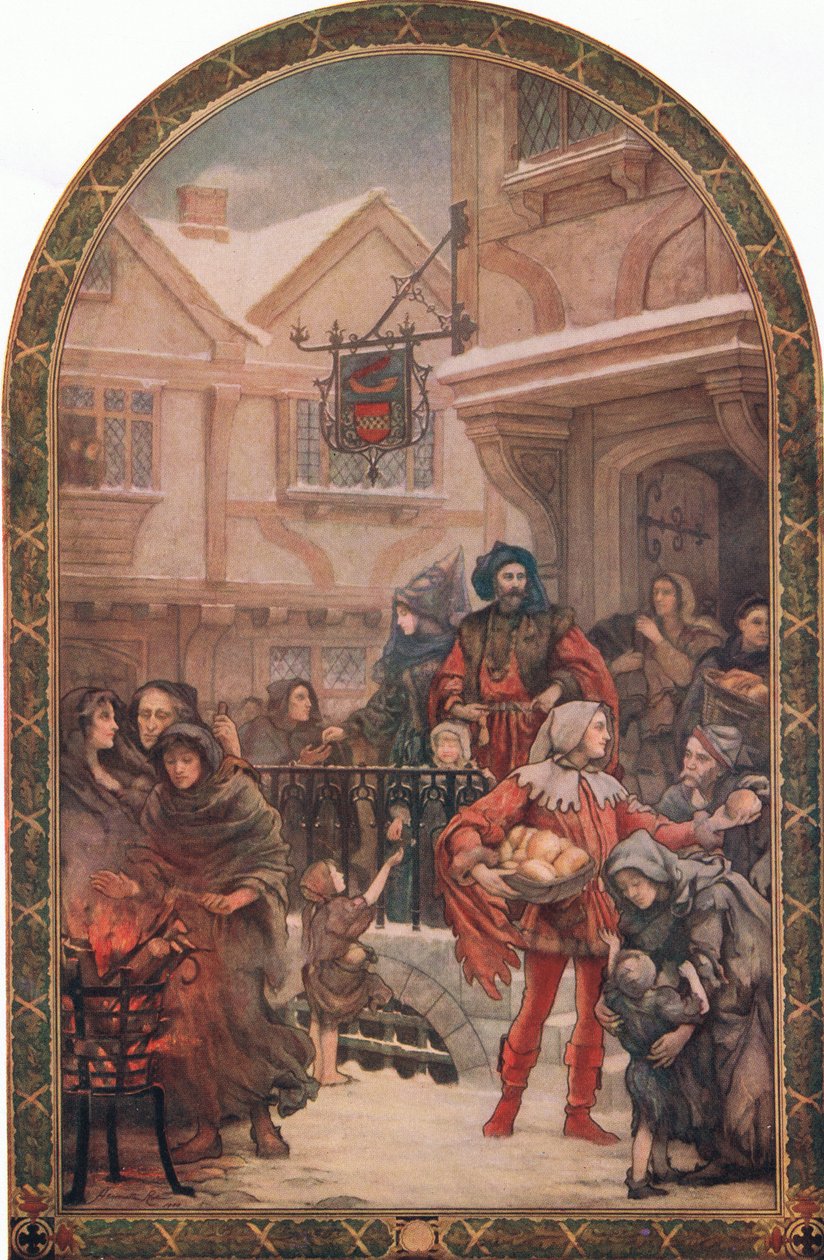 Sir Richard Whittington (1358-1423) rozdaje cele charytatywne, ilustracja z „Hutchinson