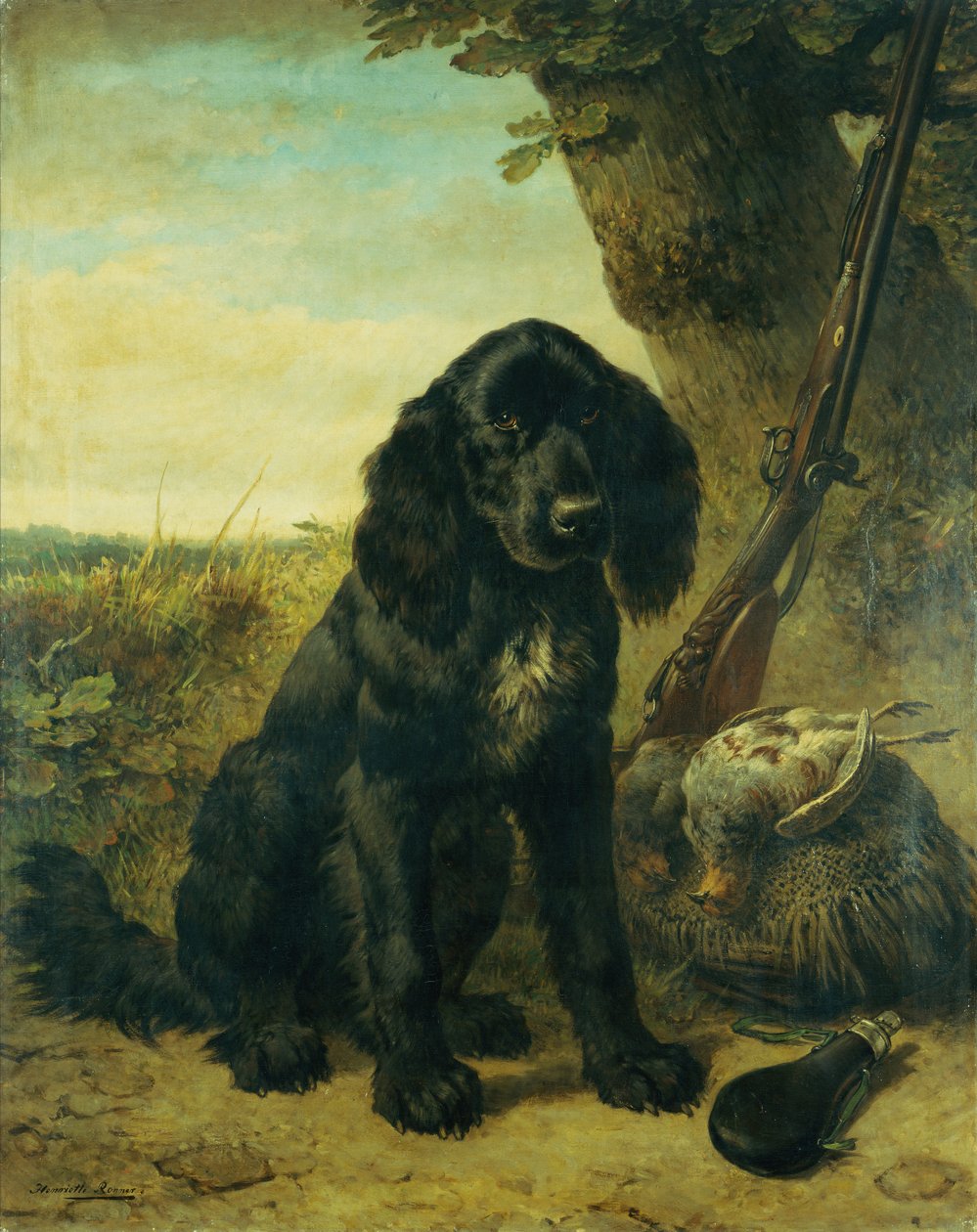 Flat coated retriever przy drzewie (olej na płótnie) autorstwa Henriëtte Ronner Knip