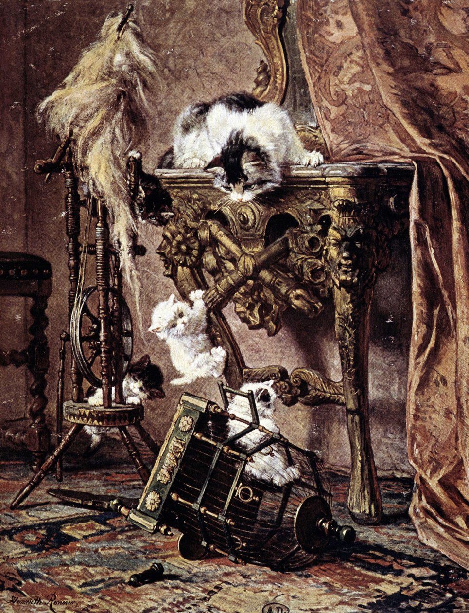 Kot patrzy, jak bawią się jej kocięta - autorstwa Henriette Ronner autorstwa Henriëtte Ronner Knip
