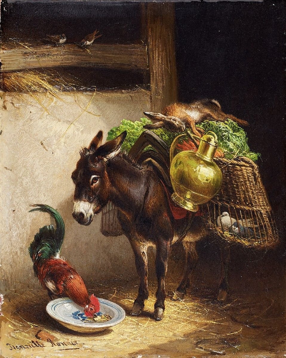 Osioł i kogut w stajni. autorstwa Henriëtte Ronner Knip