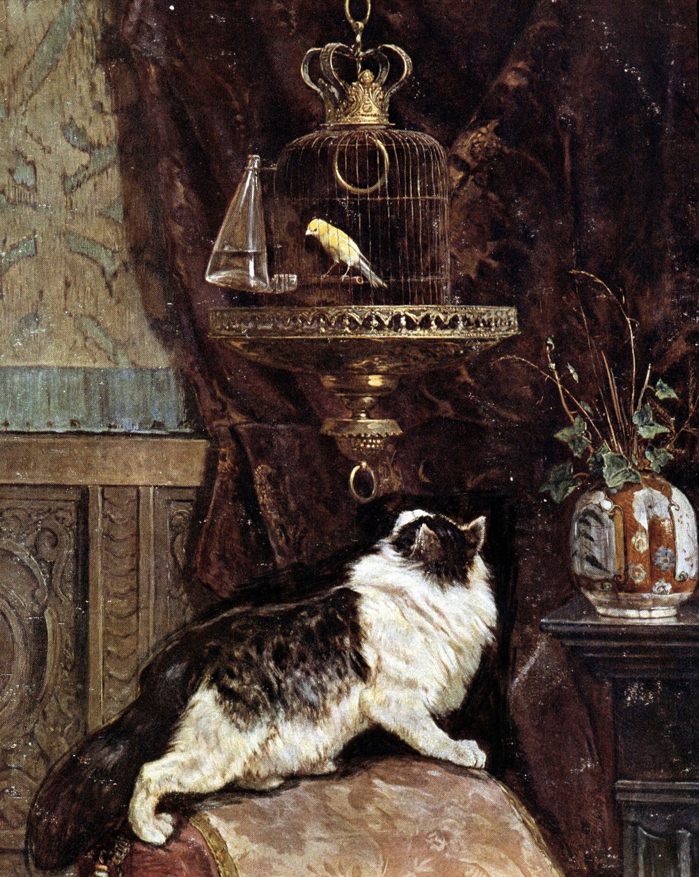 Kot podglądający ptaka w klatce - Henriette Ronner autorstwa Henriëtte Ronner Knip