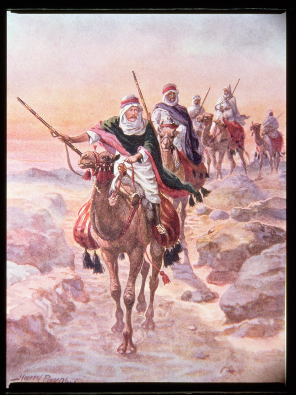 „Lord Kitchener w przebraniu Araba, jadący przez pustynię do Dongoli”, ilustracja z „Brave Deeds by Brave Men” C. Sheridana Jonesa, wyd. 1922 autorstwa Henry A. Payne
