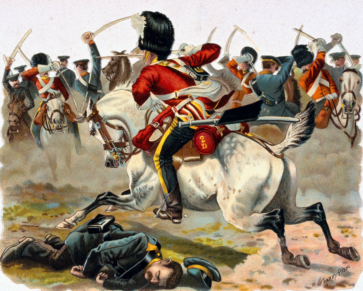 Sierżant Ramage, Scots Greys, pędzący samotnie na pomoc Trooperowi Macphersonowi, 1854 (oleolitho) autorstwa Henry A. Payne