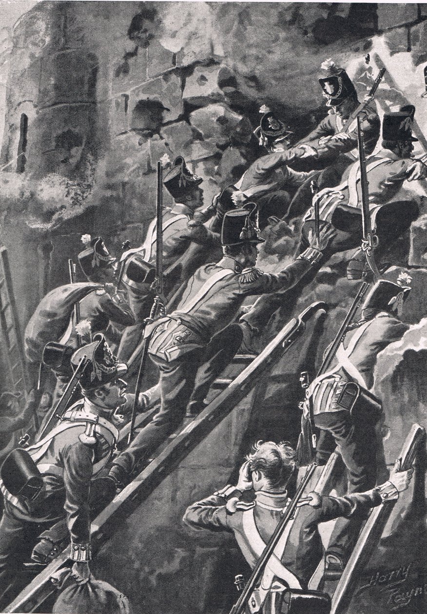 The Connaught Rangers podczas szturmu na Ciudad Rodrigo, 19 stycznia 1812, ilustracja z „British Battles on Land and Sea”, wydanej przez Cassell, Londyn, ok. 1910 autorstwa Henry A. Payne