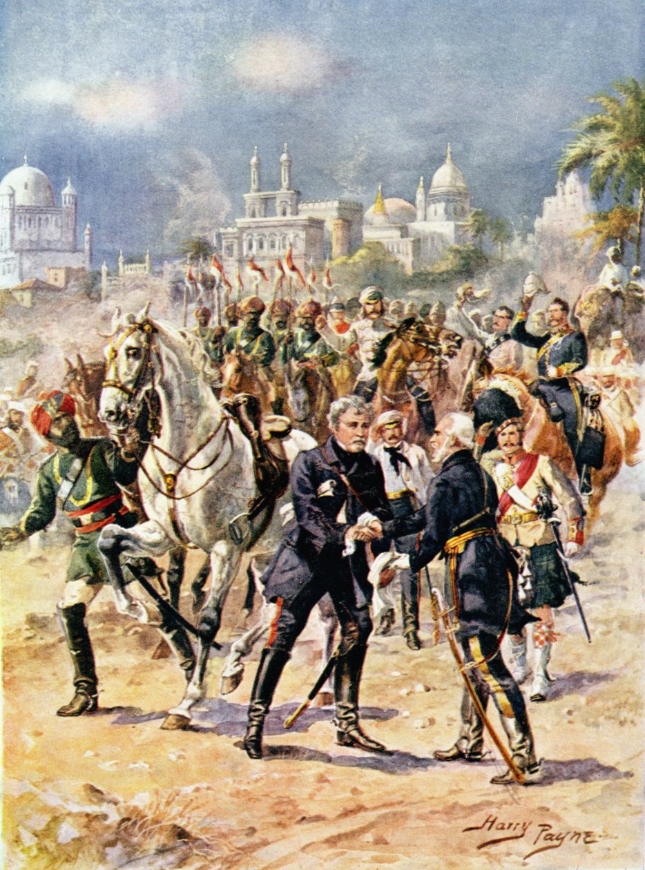 Spotkanie Sir Colina Campbella (1792-1863) i ilustracja generała Outrama z „Glorious Battles of English History” majora C.H. Wylly, lata 20. autorstwa Henry A. Payne