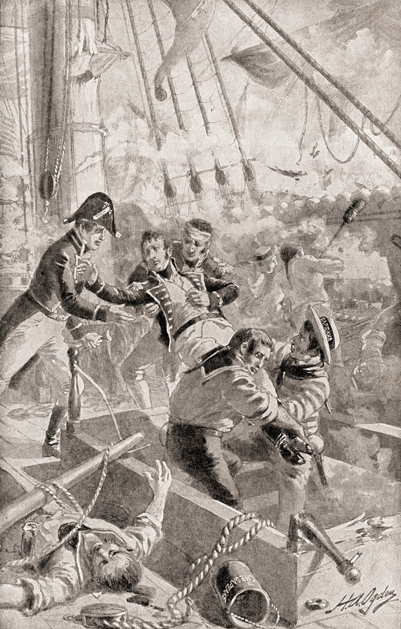 Kapitan James Lawrence wypowiada swoje ostatnie słowa lub umierający rozkaz, Nie poddawaj statku!, z Historii naszego kraju, opublikowanej w 1905 r. autorstwa Henry Alexander Ogden