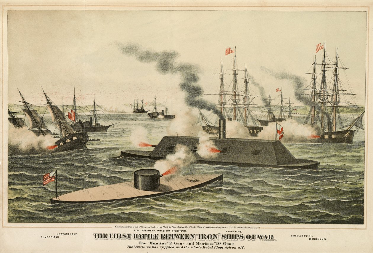 Pierwsza bitwa między żelaznymi statkami wojennymi, opublikowana ok. 1862 r. autorstwa Henry Bill
