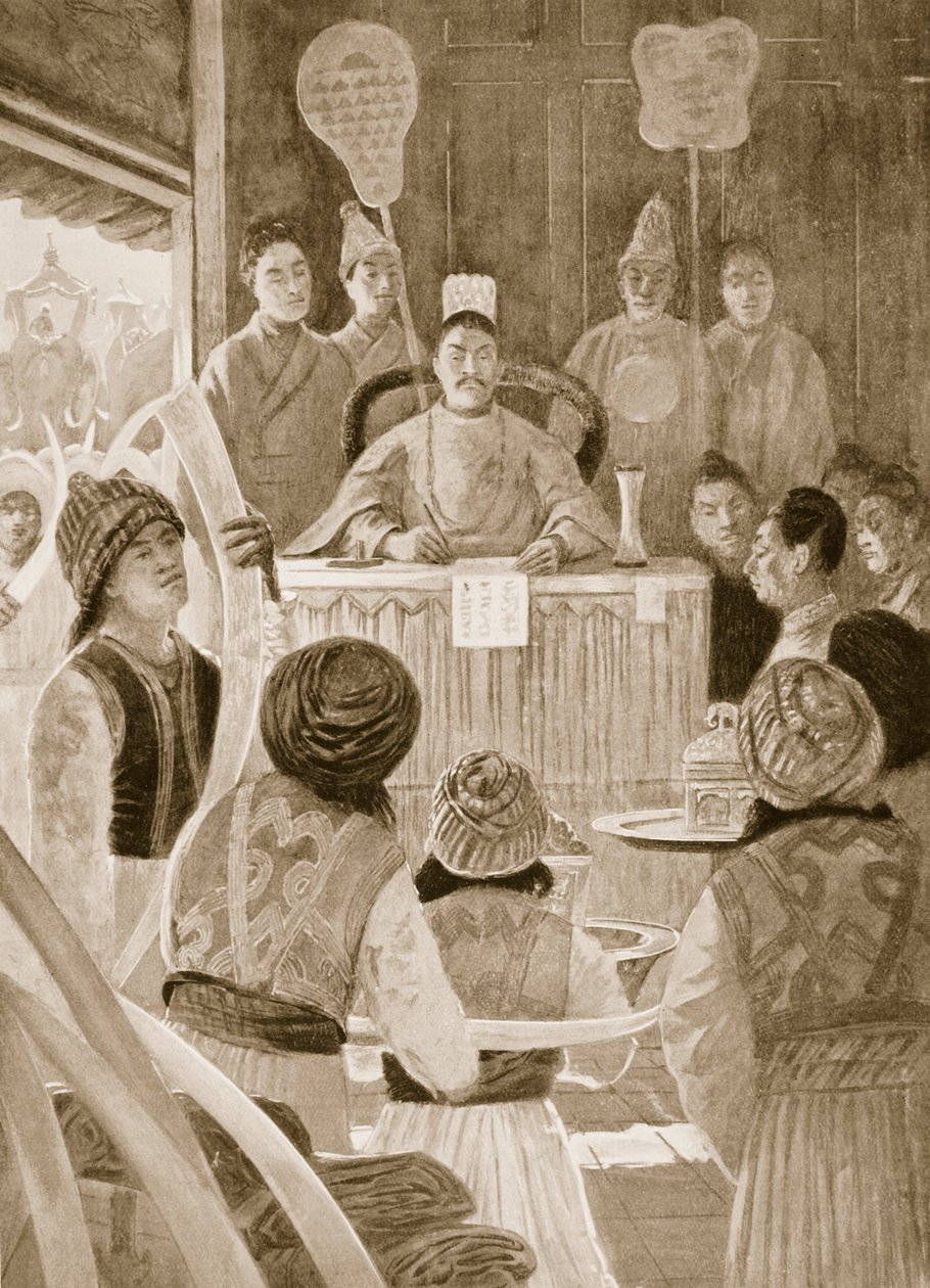 Posłowie syjamscy oddający hołd cesarzowi Chin, ilustracja z „Historia Narodów Hutchinsonów”, ok. 1910 autorstwa Henry Charles Seppings Wright