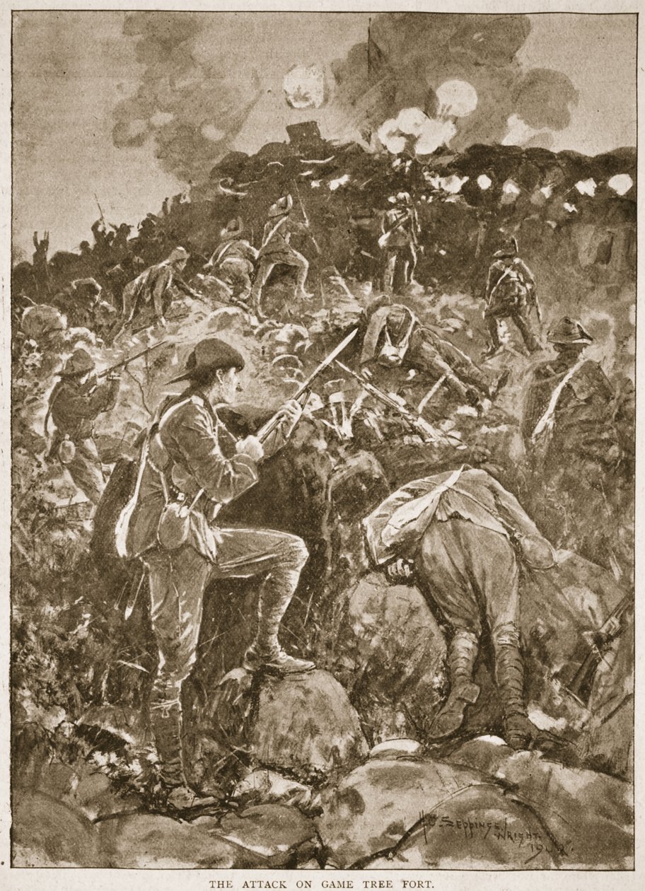 Atak na fort z drzewa dzikiego, ilustracja z "Battles of the Nineteenth Century, Vol. VI: The Boer War of 1899-1900" Archibalda Forbesa, G.A. Henty