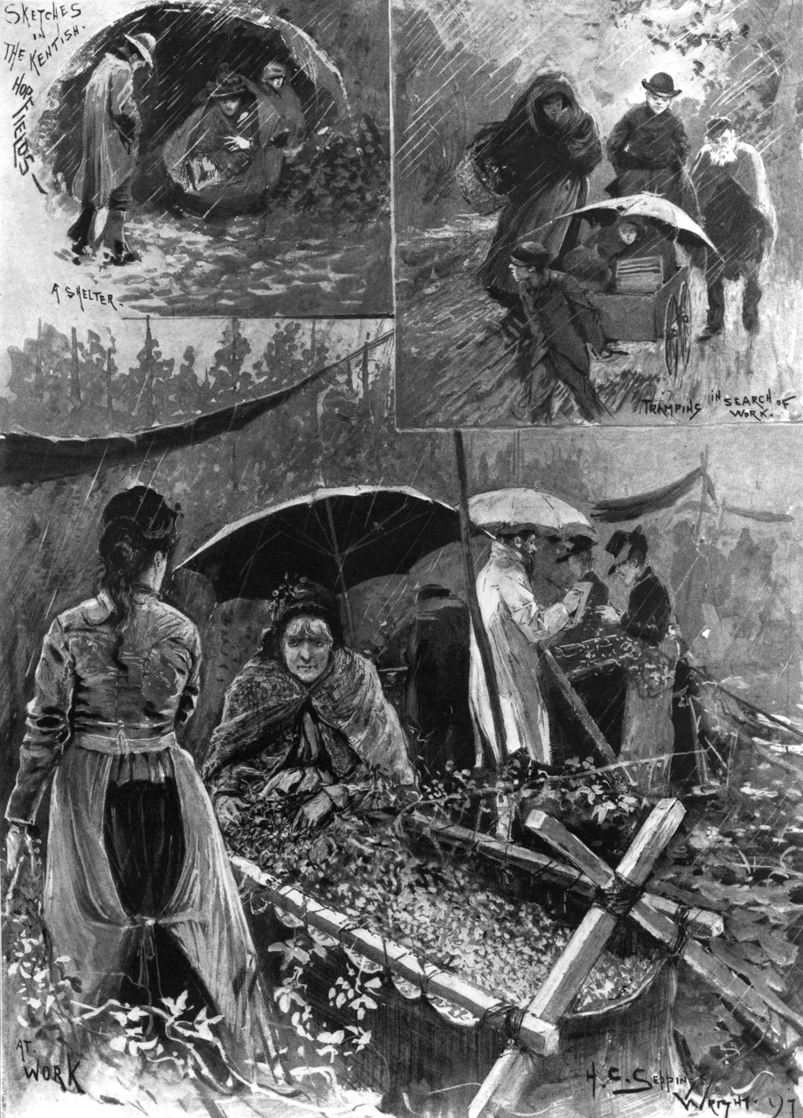 Z przygnębionymi zbieraczami chmielu w Kent, z „The Illustrated London News”, 11 września 1897 autorstwa Henry Charles Seppings Wright