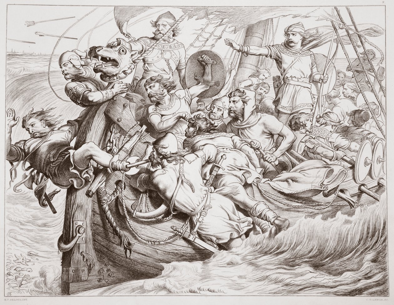Jak Hereward kieruje swoim statkiem na brzeg Flandrii, ilustracja z Hereward the Great Charlesa Kingsleya, wyd. 1870, grawerowane przez C.G. Lewis (grawerowanie blachy stalowej) autorstwa Henry Courtney Selous
