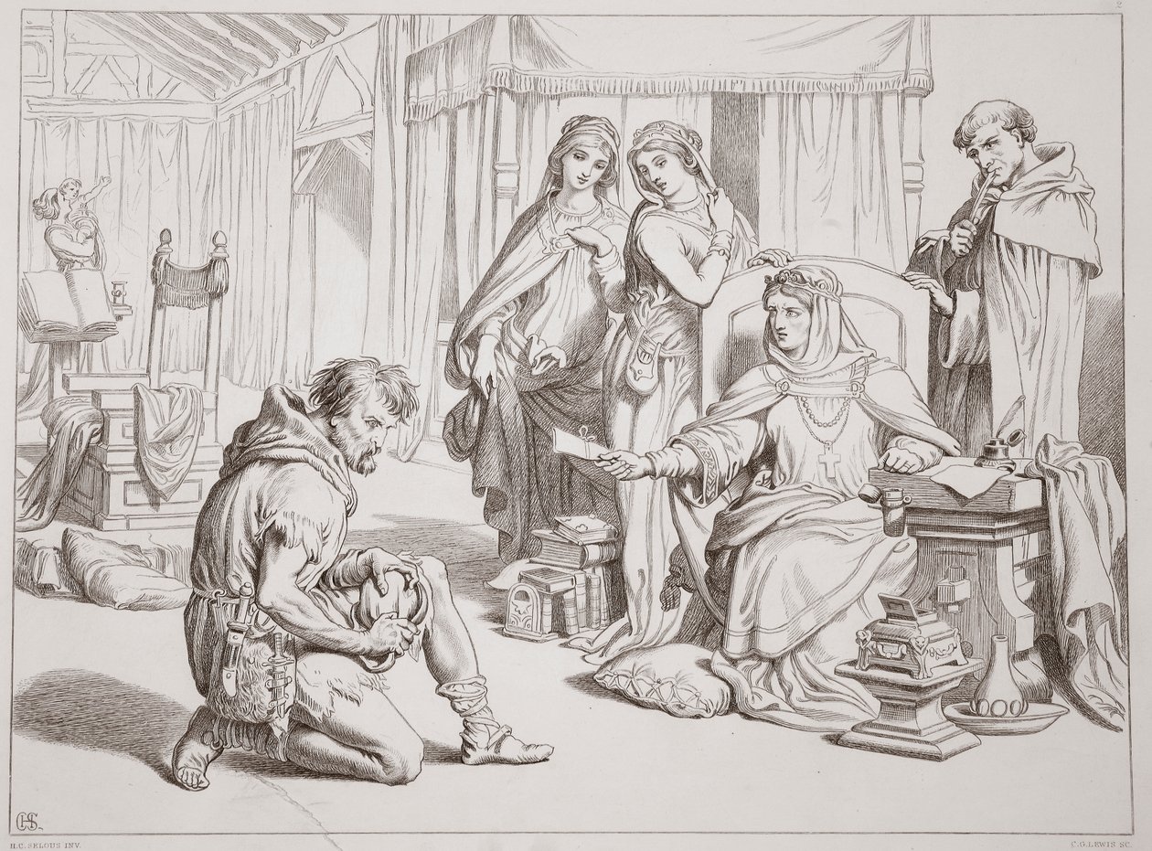 Martin Lightfoot zobowiązuje się być nosicielem listu do hrabiego Leofrica, ilustracja z Hereward the Great Charlesa Kingsleya, wyd. 1870, grawerowane przez C.G. Lewis (grawerowanie blachy stalowej) autorstwa Henry Courtney Selous