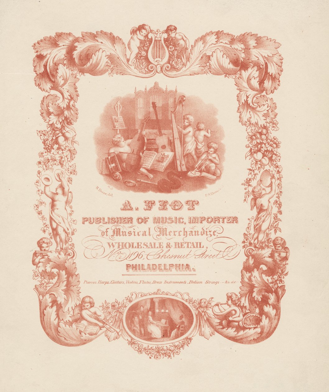 A. Fiot, Wydawca Muzyczny, Importer Towarów Muzycznych. Wholesale und Retail, No. 196 Chestnut Street Philadelphia, 1850. autorstwa Henry Dacre