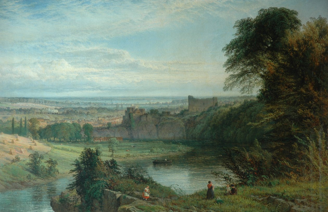Krajobraz z zamkiem i rzeką oraz zamkiem Chepstow, 1862 autorstwa Henry Dawson