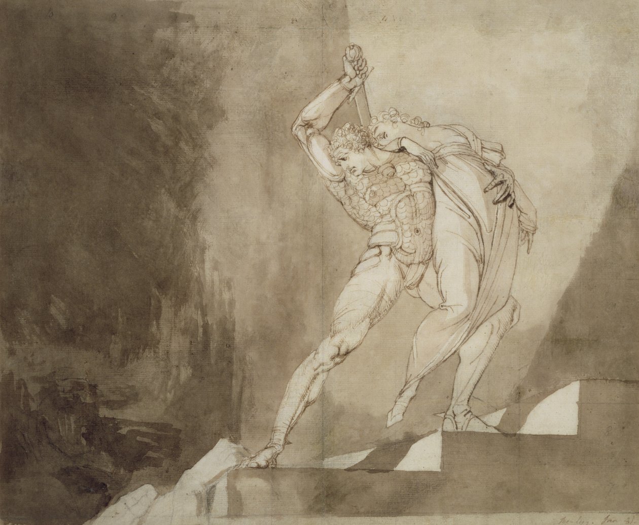 Wojownik ratujący damę, 1780-85 (pióro, tusz i pranie na papierze) autorstwa Johann Heinrich Füssli
