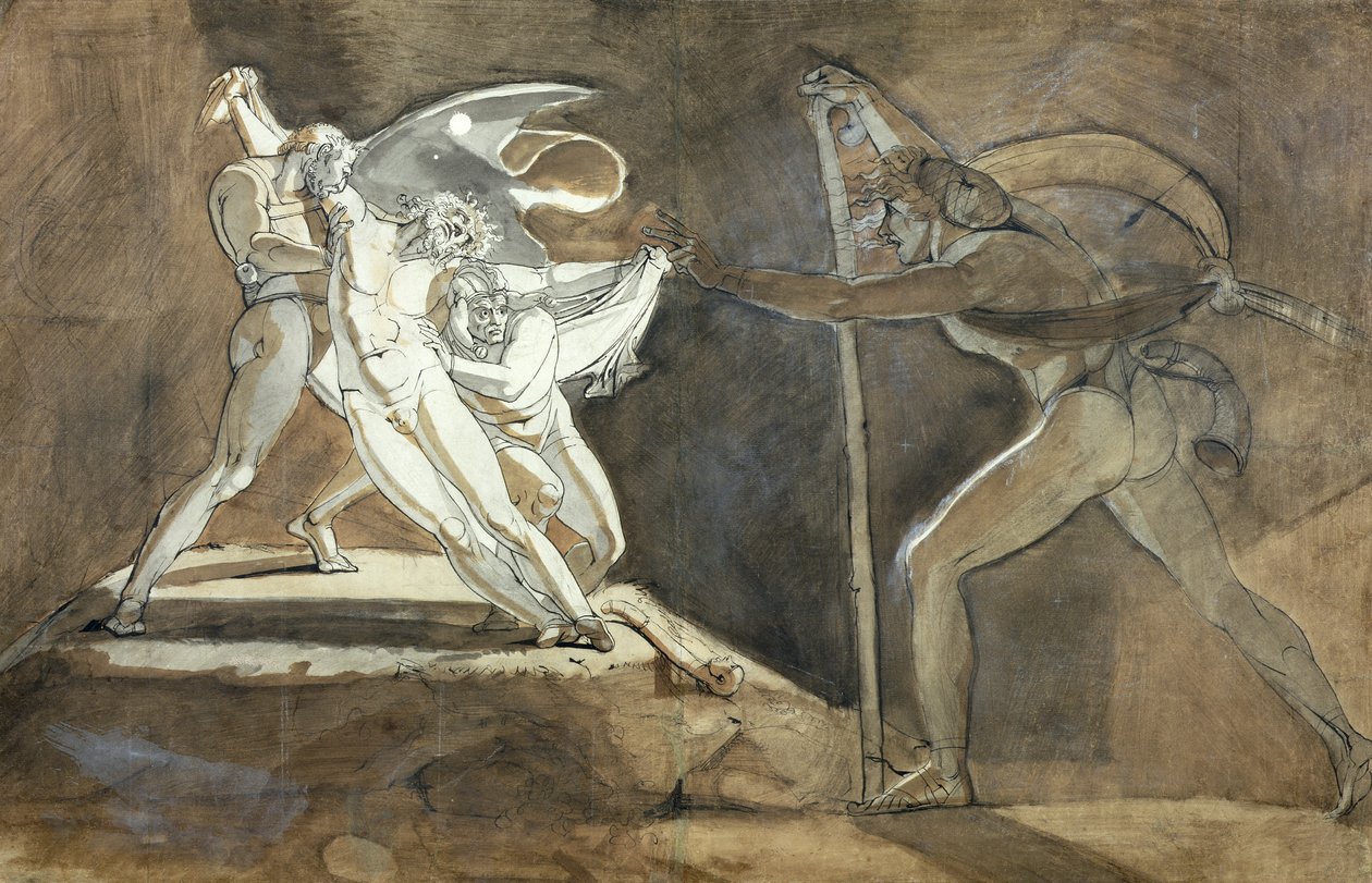 Edgar, Udawanie szaleństwa zbliża się do króla Leara (recto) 1772 (pióro, atrament i sepia rozmywają się na śladach ołówka na papierze) autorstwa Johann Heinrich Füssli