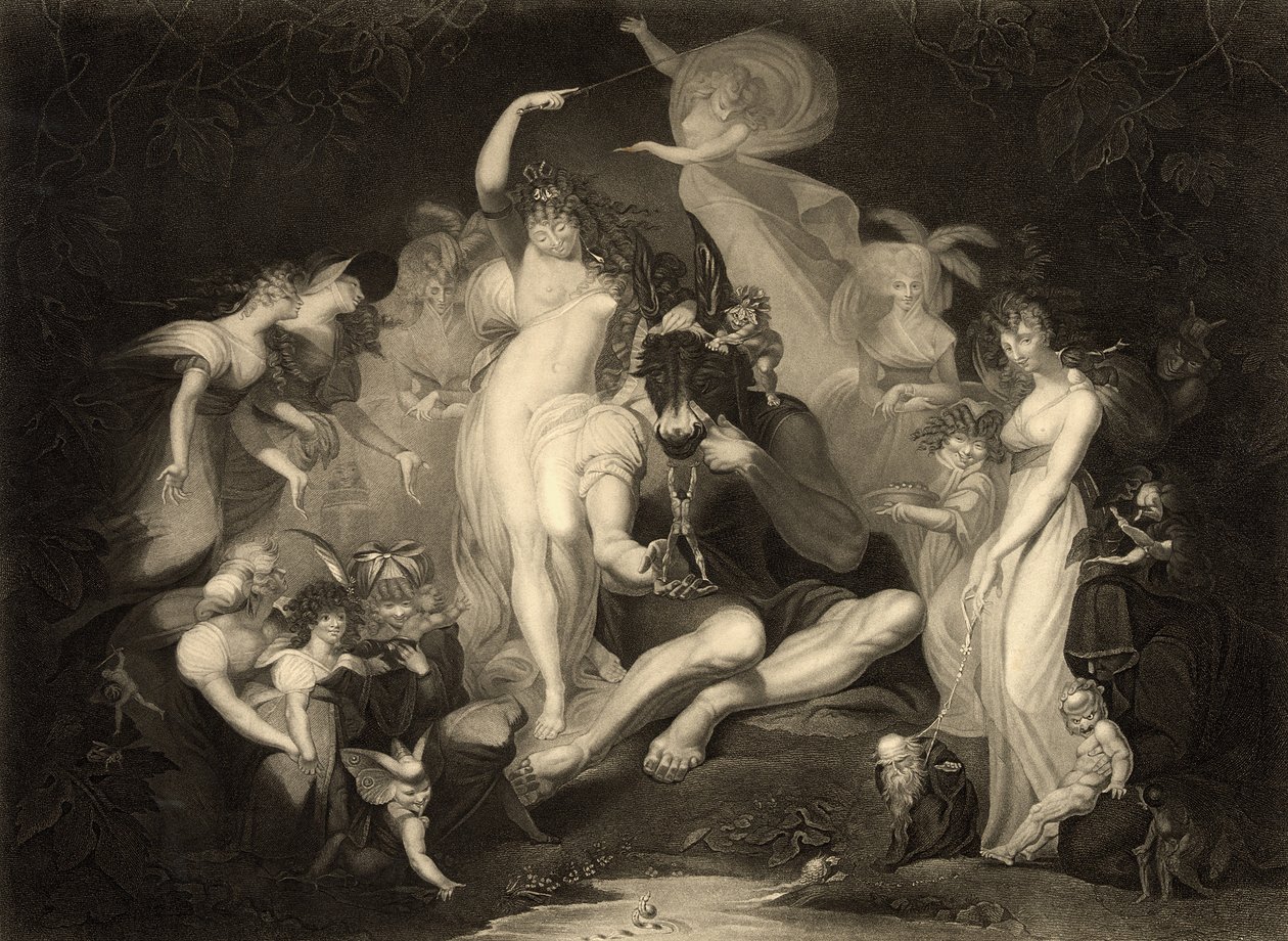 Scena z aktu IV, scena I ze Snu nocy letniej Williama Szekspira (1564-1616) grawerowana przez J.P. Simona dla Boydell Shakespeare Company autorstwa Johann Heinrich Füssli