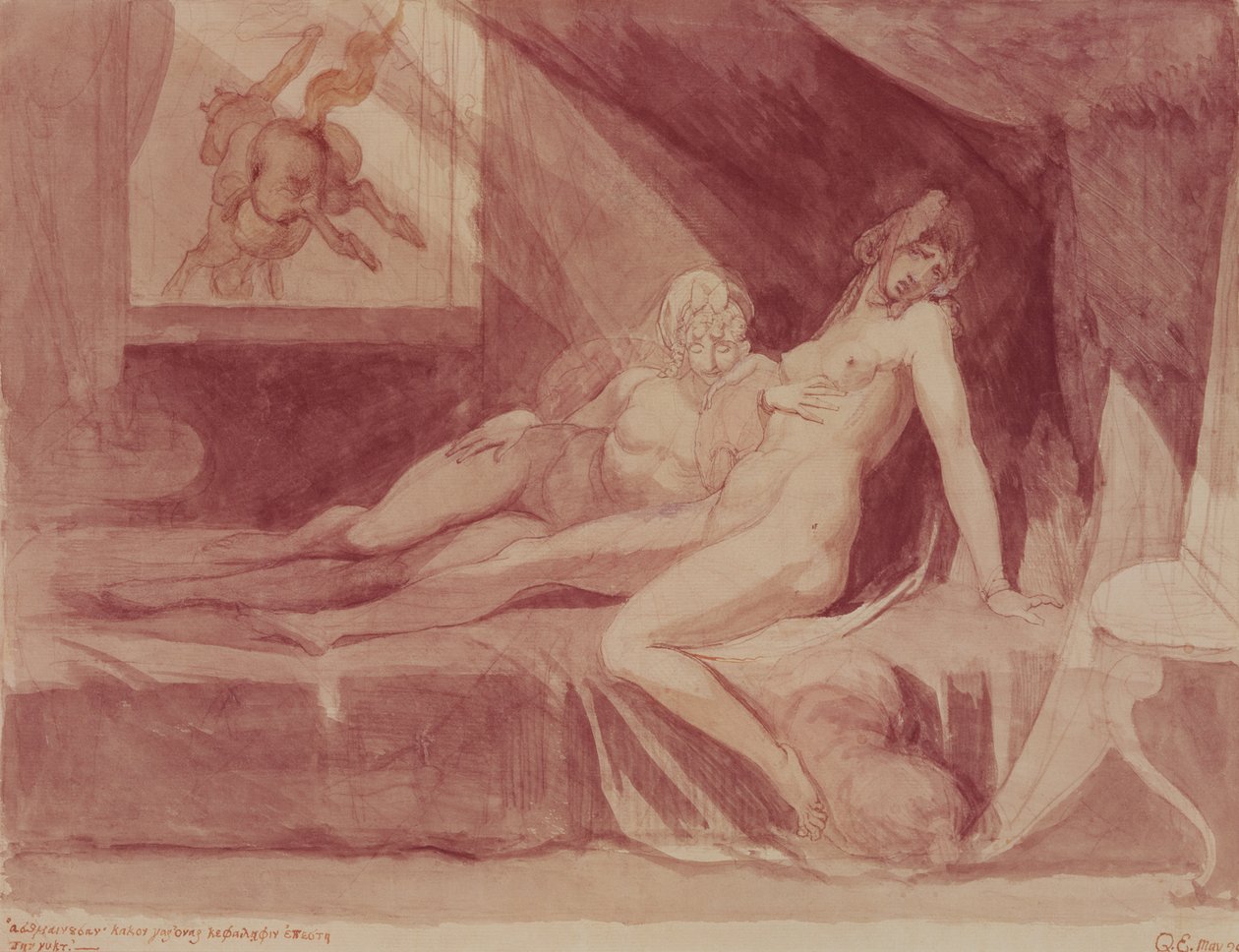 Koszmar pozostawiający dwie śpiące kobiety, 1810 (grafit i toaleta na papierze) autorstwa Johann Heinrich Füssli
