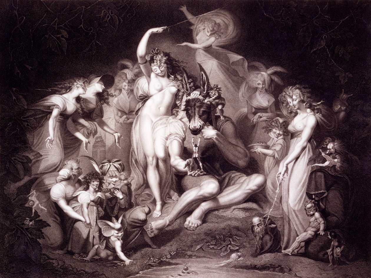 Tytania, Bottom i wróżki, Akt 4, Scena 1 Snu nocy letniej, z "Szekspira" Johna i Josiaha Boydell, wyd. 1803-05 autorstwa Johann Heinrich Füssli