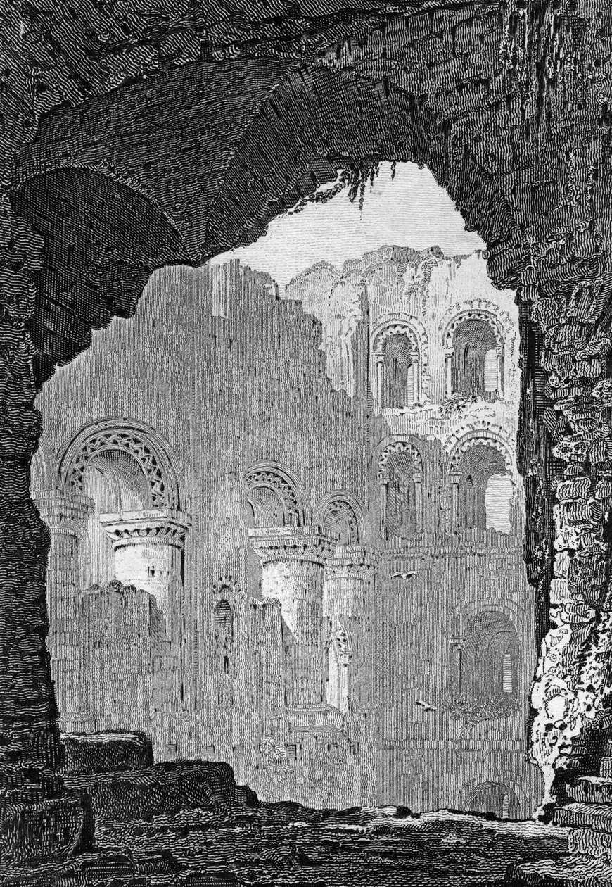 Wnętrze zamku Rochester Castle, Kent, rytowane przez Williama Woolnotha autorstwa Henry Gastineau