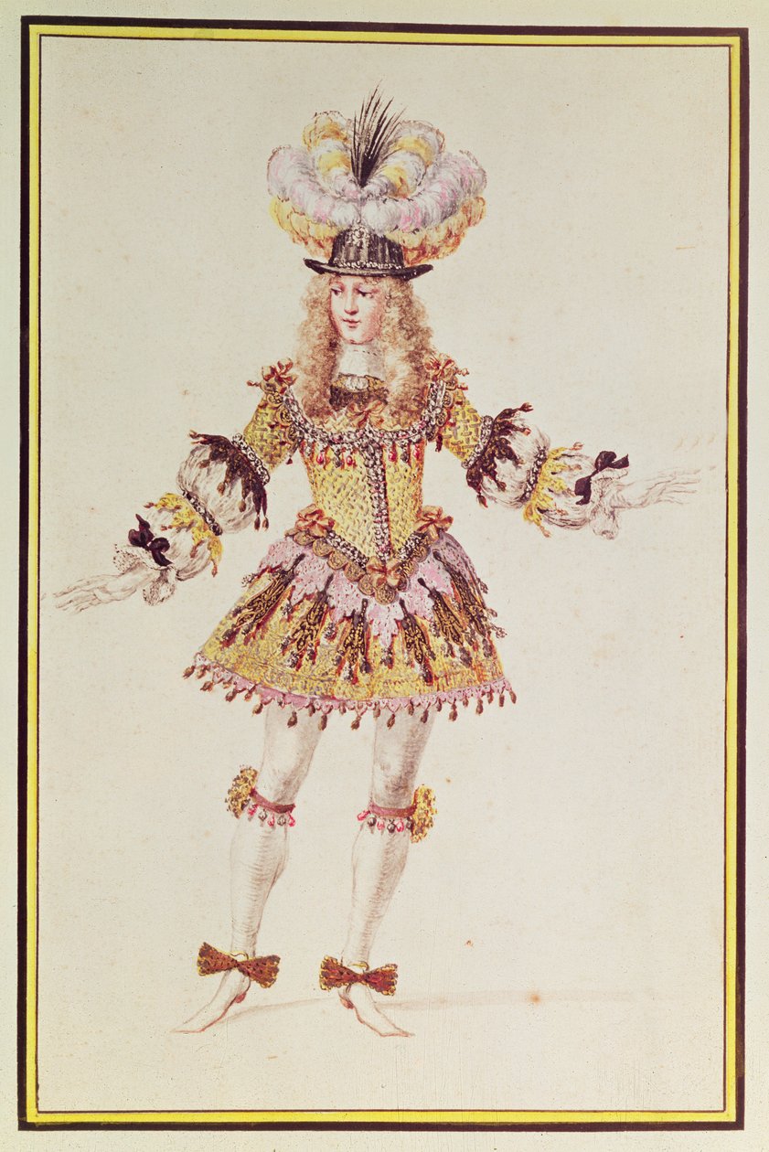 Projekt kostiumu dla tancerza męskiego, ok. 1660 (pióro, atrament, toaleta i złoto na papierze) autorstwa Henry Gissey