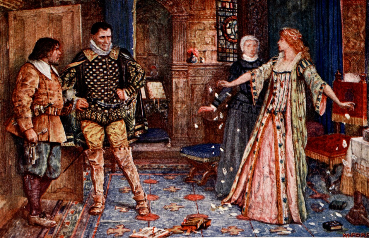 Elżbieta drze list od Dudleya, ilustracja z "Kenilworth" Sir Waltera Scotta, opublikowana w 1912 r. autorstwa Henry Justice Ford