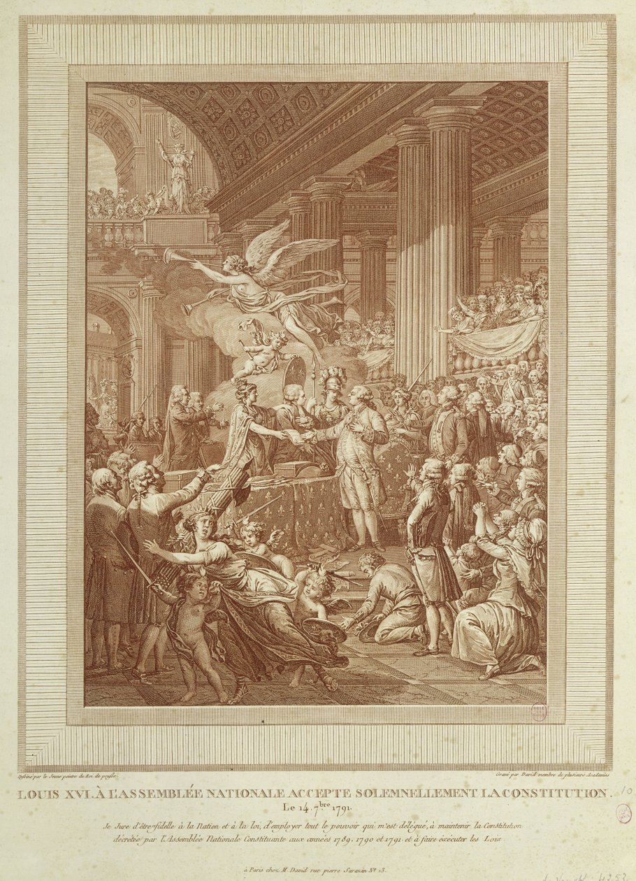 Ludwik XVI na Zgromadzeniu Narodowym uroczyście przyjmujący Konstytucję z 14 września 1791 r. autorstwa Henry Le Jeune