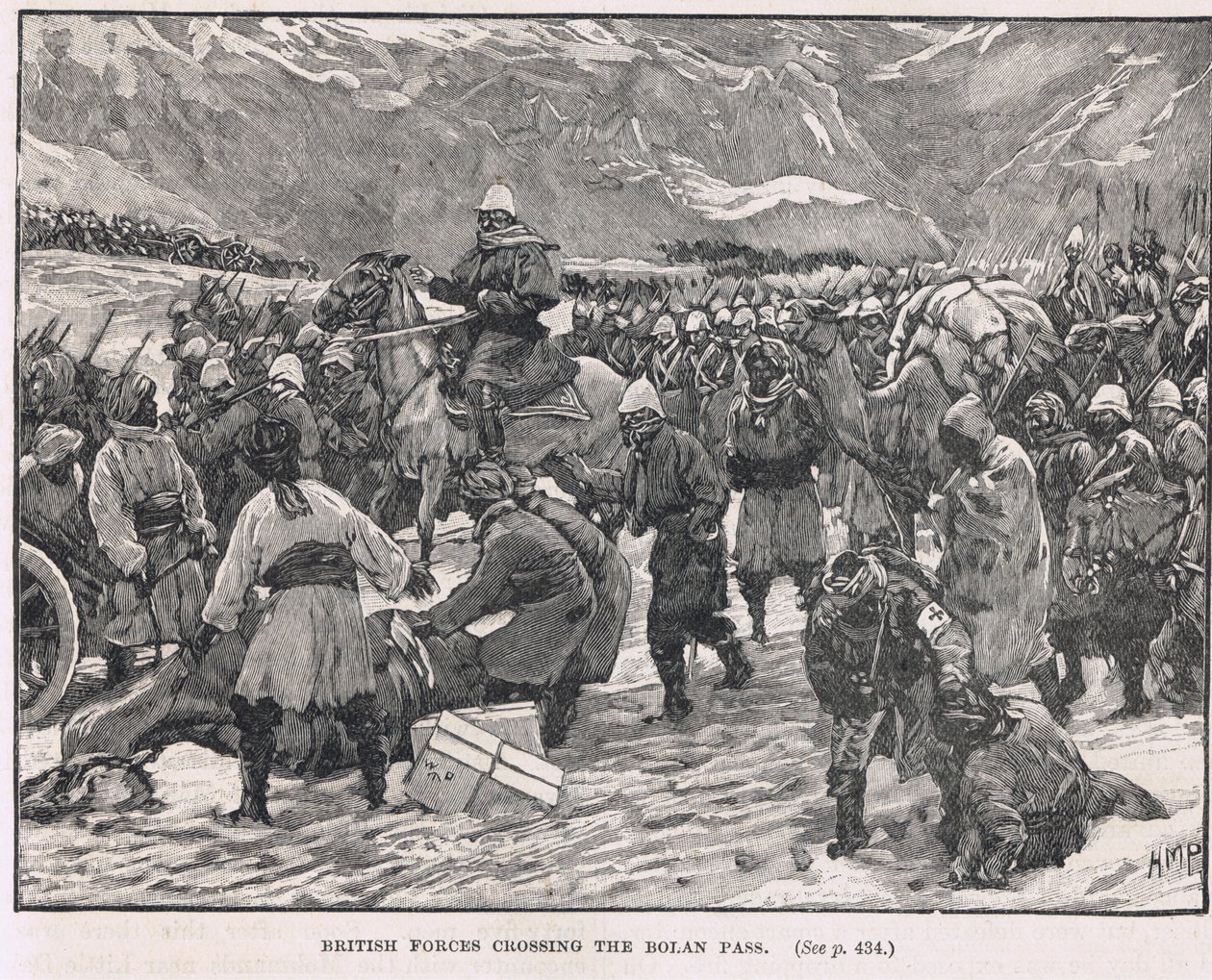 Wojska brytyjskie przekraczające przełęcz Bolan, ilustracja z "Ilustrowanej historii Anglii" Cassella, wydanej ok. 1910 r. autorstwa Henry Marriott Paget