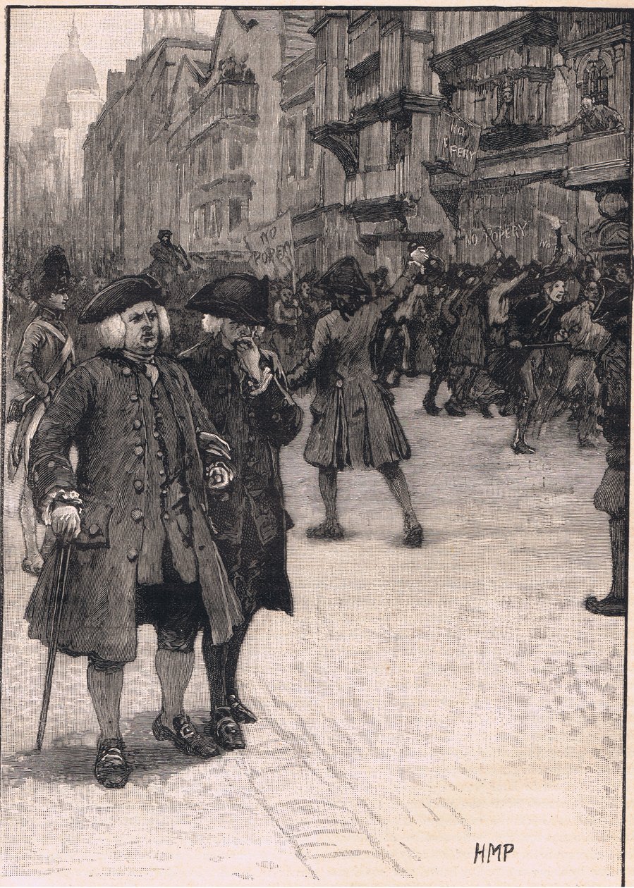 Dr Johnson ogląda scenę „Zamieszek bez papiestwa” z 1780 r. autorstwa Henry Marriott Paget