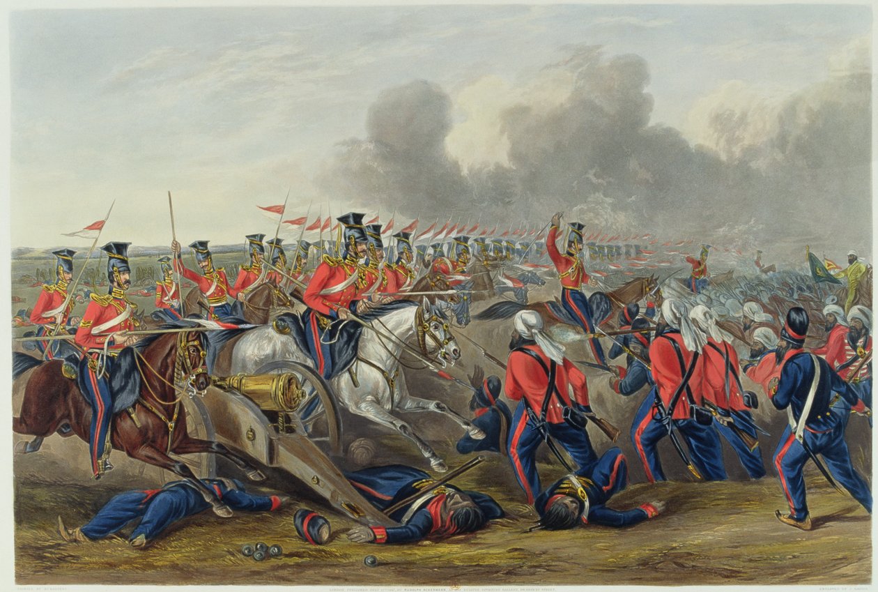 Szarża 16. (własnych królowych) ułanów w bitwie pod Aliwal w dniu 28 stycznia 1846 r. (akwatinta kolorowa) autorstwa Henry Martens